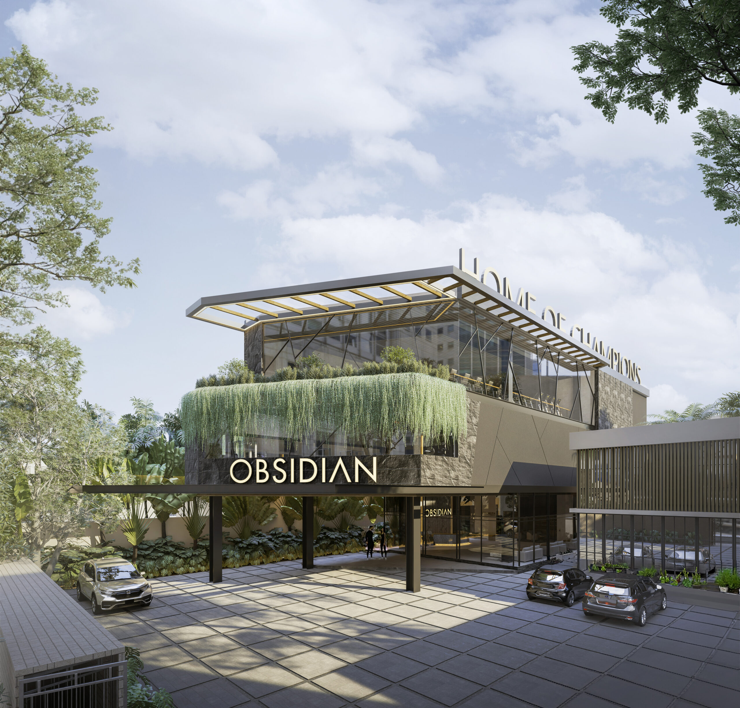 Obsidian Cipete – A modern architectural masterpiece reflecting NDA's brand identity. The 'Home of Champions' signage stands out against a sleek exterior, blending luxury and contemporary design. The building is surrounded by lush greenery and a well-landscaped parking area, showcasing NDA’s commitment to excellence and innovation in every detail.