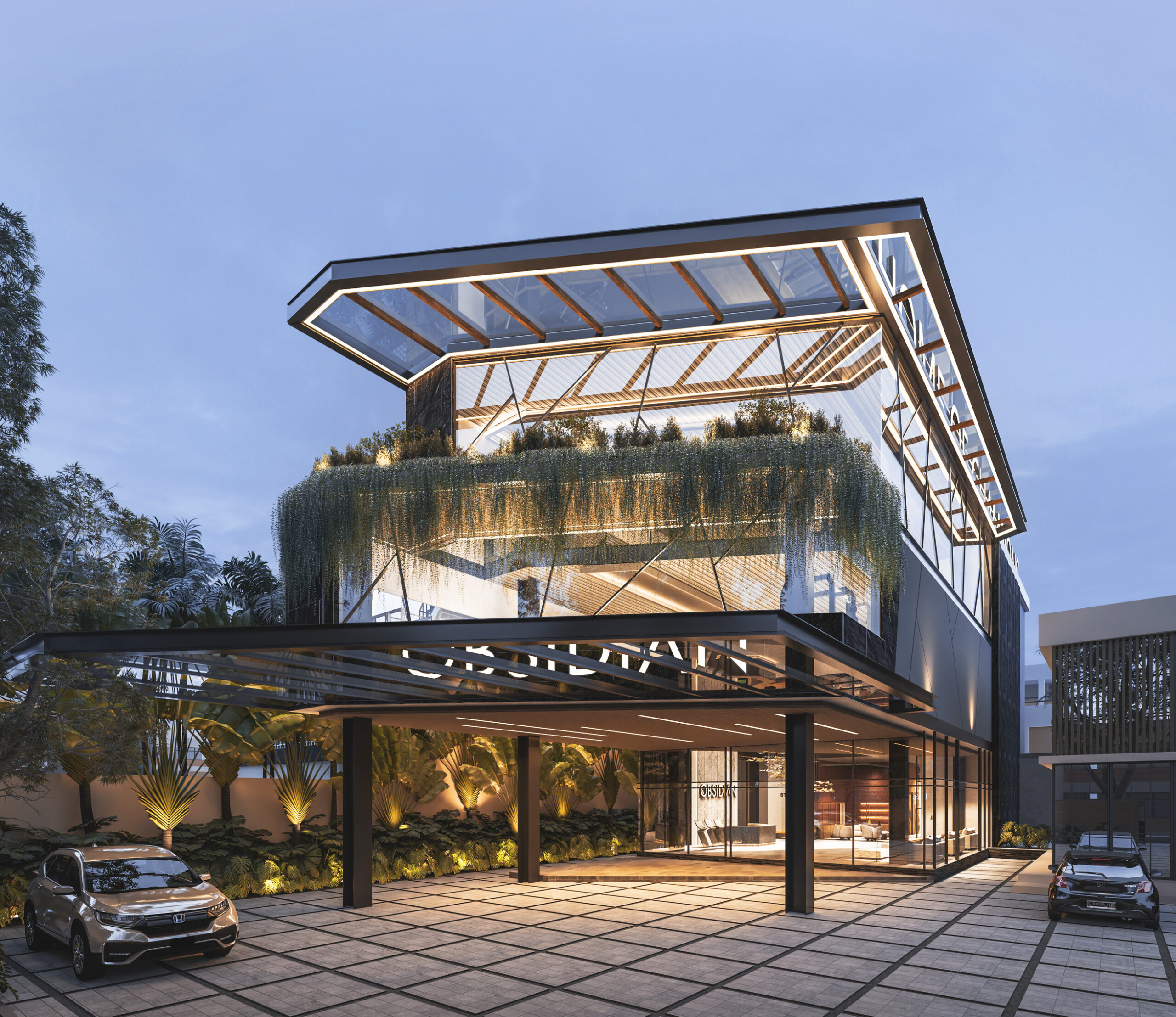Obsidian Cipete – A modern architectural masterpiece reflecting NDA's brand identity. The 'Home of Champions' signage stands out against a sleek exterior, blending luxury and contemporary design. The building is surrounded by lush greenery and a well-landscaped parking area, showcasing NDA’s commitment to excellence and innovation in every detail.